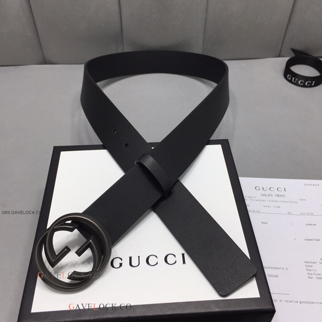 Gucci Leather Men's Belt Black Metal Interlocking GG Buckle